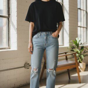 Zara Woman's Light Wash Distressed Straight-Leg Denim Jeans Size 34